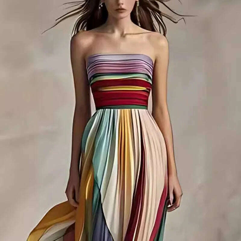 Holiday Sleeveless Patchwork Sexy Dress, Women Summer Strapless Printing Maxi Dress, 2025 Simple Backless Elegant Ladies Dress

