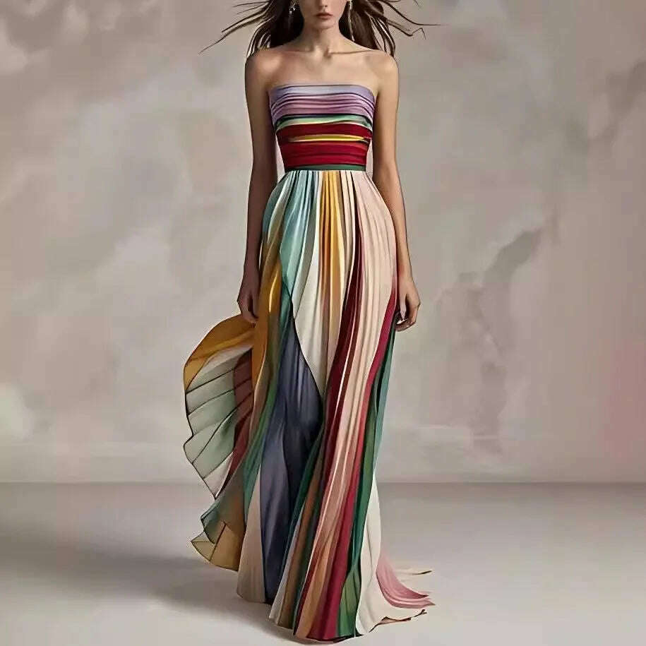 Holiday Sleeveless Patchwork Sexy Dress, Women Summer Strapless Printing Maxi Dress, 2025 Simple Backless Elegant Ladies Dress
