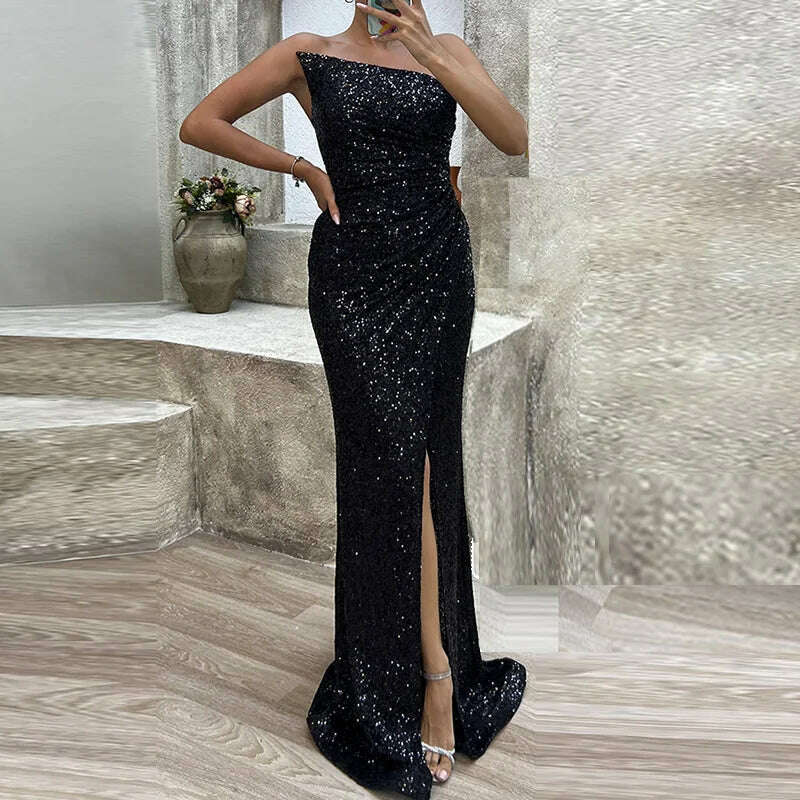 Hollow Out Strapless Off Shoulder Sequins Dress Chic Women Slim Slit Solid Floor-Length Dress Casual Sleeveless Party Club Dress