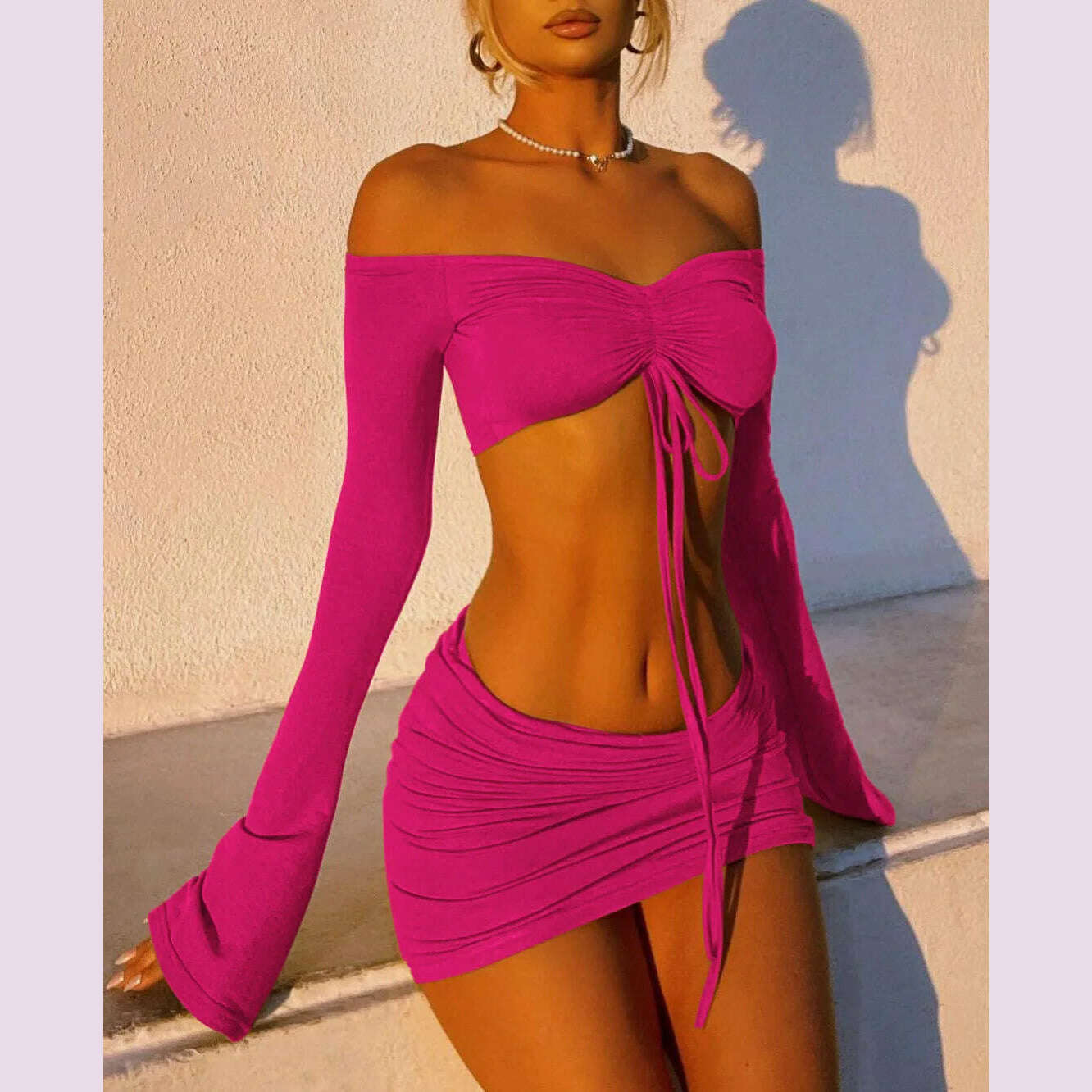 Hugcitar Women Matching 2 Piece Set Long Sleeve Drawstring Ruched Crop Top Mini Skirt Suit Co Ords Outfits Bodycon Sexy Party