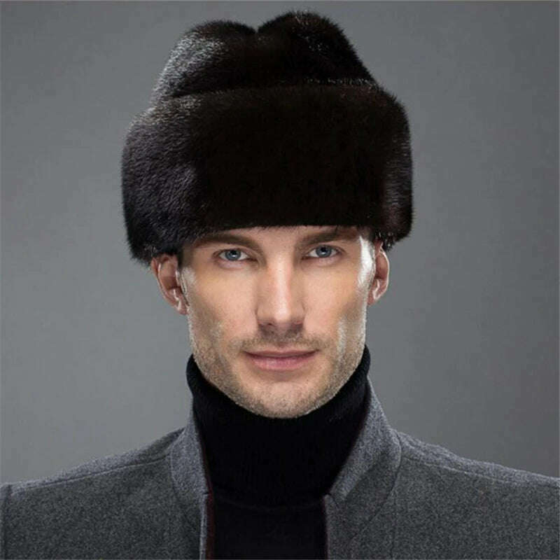 IANLAN French Mens Full-pelt Mink Bomber Hats Real Mink Fur Earmuffs Hats Solid Winter Outdoor Warm Hats IL00237