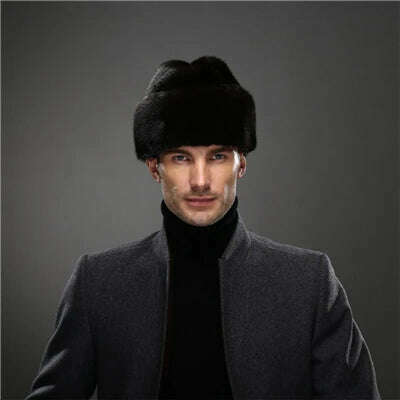 IANLAN French Mens Full-pelt Mink Bomber Hats Real Mink Fur Earmuffs Hats Solid Winter Outdoor Warm Hats IL00237