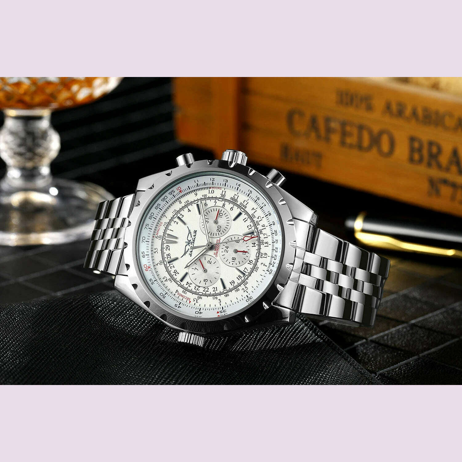 JARAGAR Silver watch European fashion style mechanical movement mechanical watch Gear round steel strap wrist watch