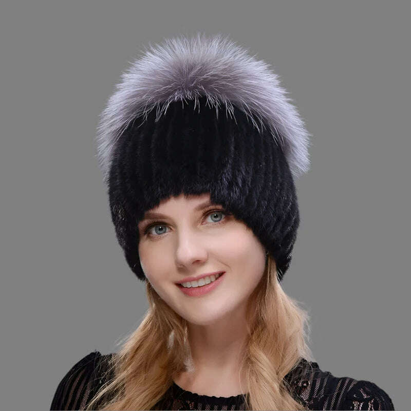 JINBAOSEN Style Winter Female Fur Hat Mink Fur Plus Fox Fur Stitching Knit Liner Fur Ski Hat Free Shipping