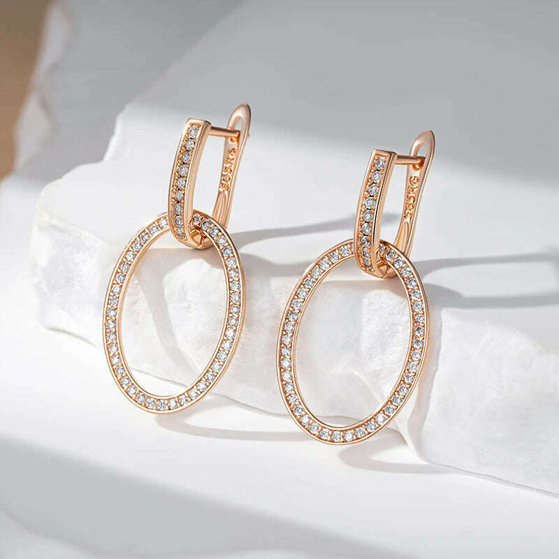 Kienl Hot Full Shiny Natural Zircon Big Drop Earring for Women 585 Rose Gold Color Unique Round Crystal Daily Vintage Jewelry
