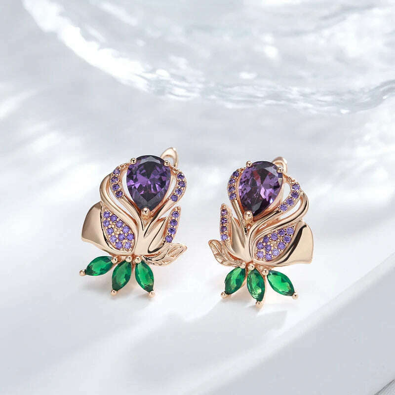 Kienl Vintage Purple Natural Zircon Flower Drop Earring High Quality Fine Daily Jewelry Women 585 Rose Gold Color Big Earring