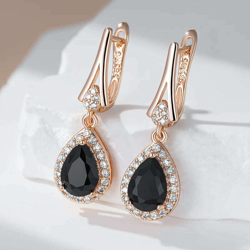 Kinel Hot Sparkling Black Natural Zircon Long Drop Earrings Women 585 Rose Gold Color Vintage Wedding Party Fine Daily Jewelry