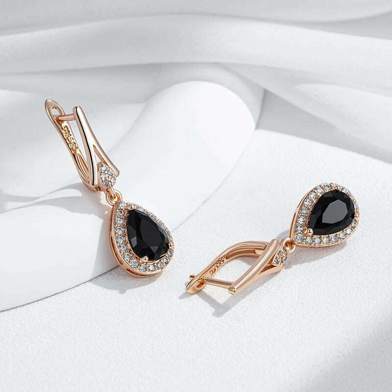 Kinel Hot Sparkling Black Natural Zircon Long Drop Earrings Women 585 Rose Gold Color Vintage Wedding Party Fine Daily Jewelry