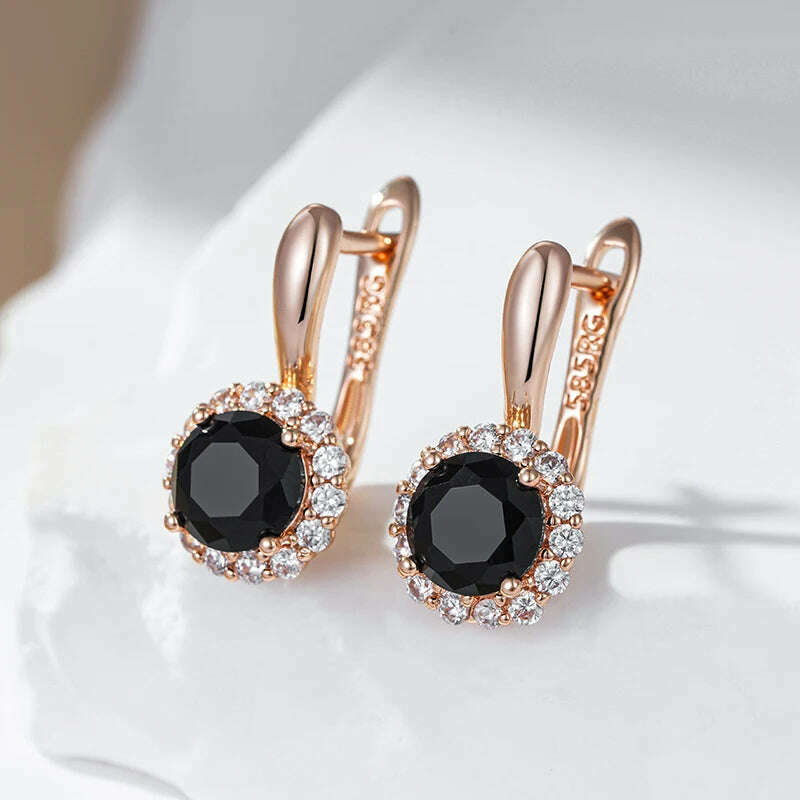 Kinel Sparkling Black Round Natural Zircon English Earrings Women 585 Rose Gold Color Vintage Wedding Party Fine Daily Jewelry