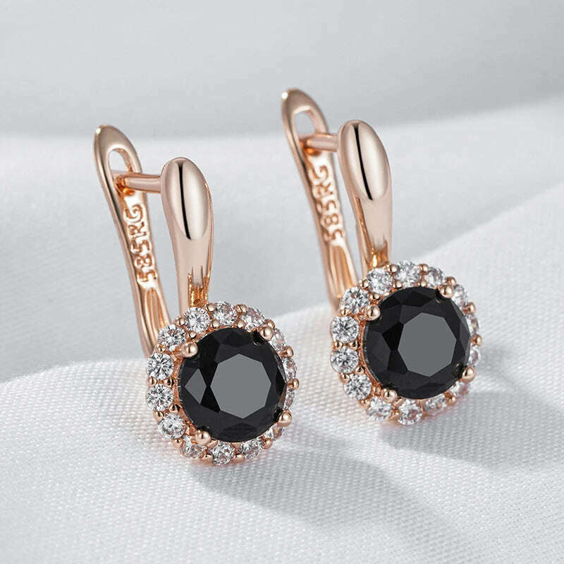 Kinel Sparkling Black Round Natural Zircon English Earrings Women 585 Rose Gold Color Vintage Wedding Party Fine Daily Jewelry