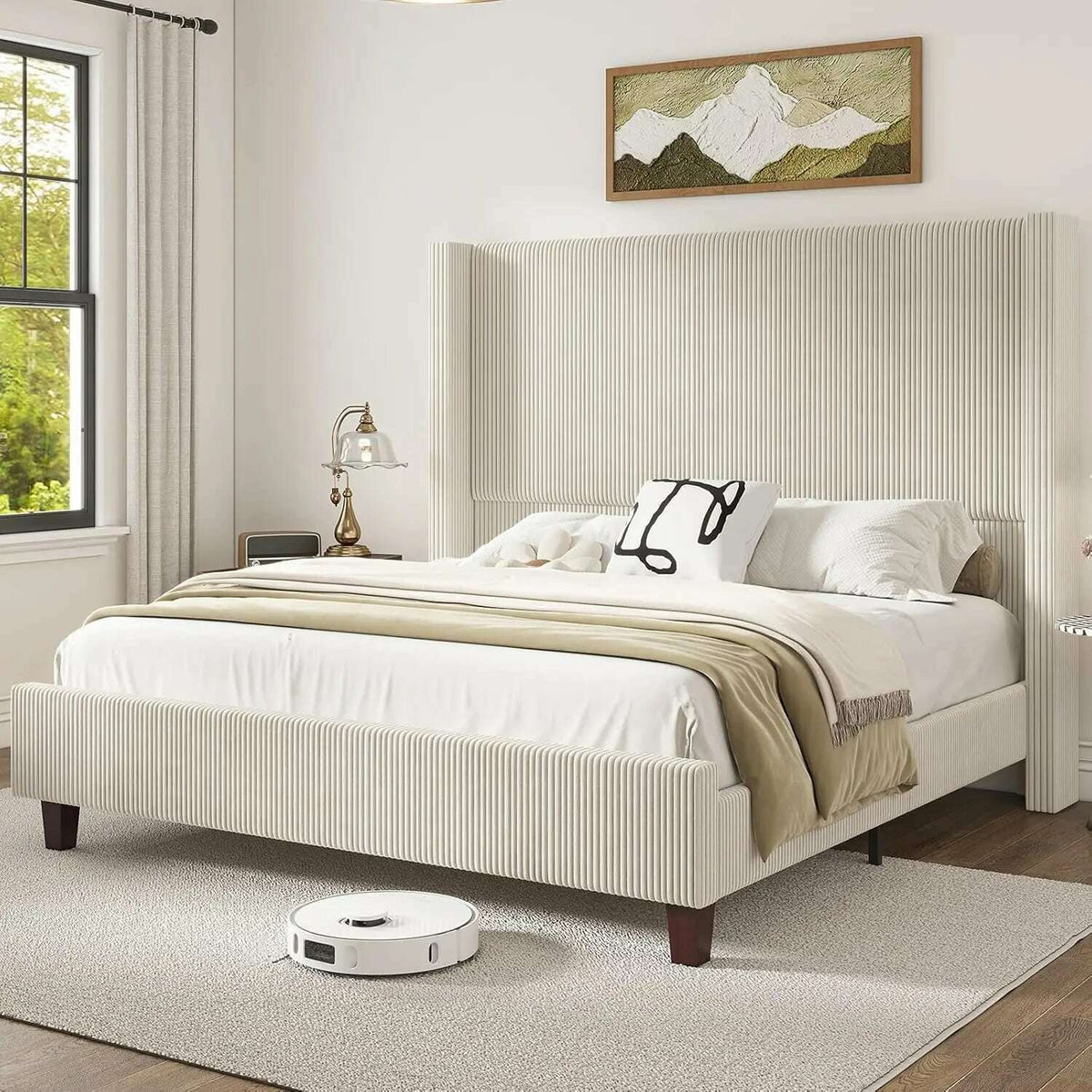 King Size 61" Corduroy Upholstered Bed Frame, Platform Bed with Vertical Stripe Wingback Headboard, No Box Spring Needed/Noise