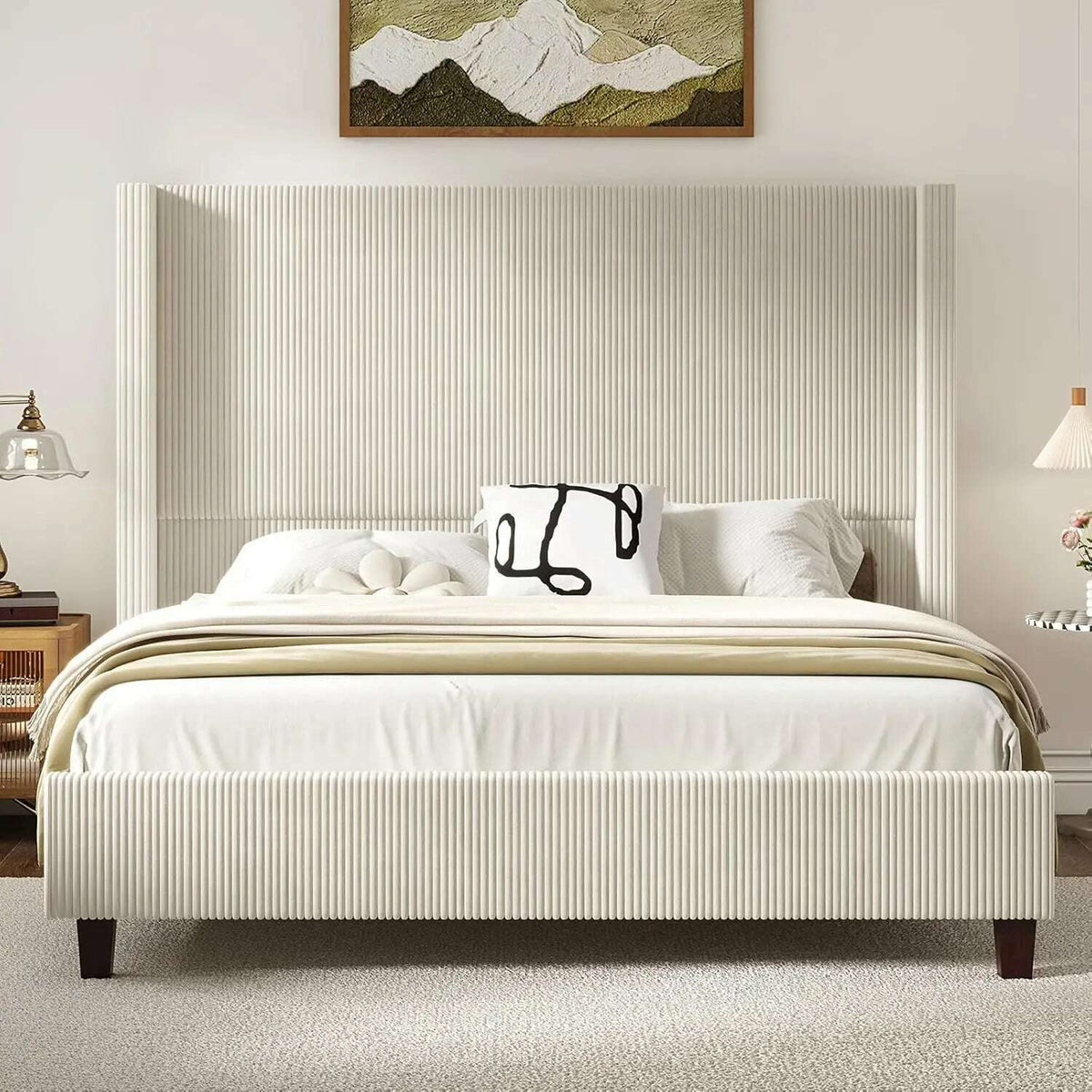 King Size 61" Corduroy Upholstered Bed Frame, Platform Bed with Vertical Stripe Wingback Headboard, No Box Spring Needed/Noise