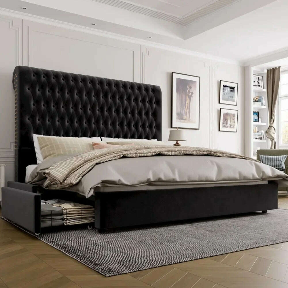 King Size Bed Frame 55" Tall Headboard with Gorgeous Button Tufted and Nail, Velvet Fabric Upholstered Bed Frame