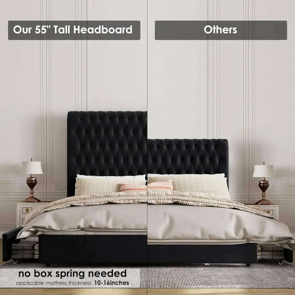 King Size Bed Frame 55" Tall Headboard with Gorgeous Button Tufted and Nail, Velvet Fabric Upholstered Bed Frame
