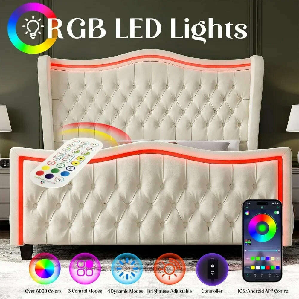 King Size Bed Frame with LED Lights, 53'' Upholstered Platform Wingback Bed with Handmade Deep Button Tufted Headboard Footboard