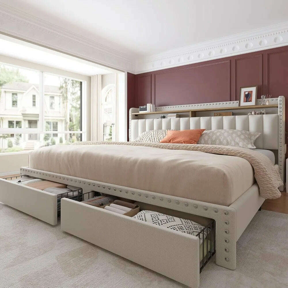 King Size Bed Frame with Storage and Headboard, Upholstered Bed Frames with Storage and 2 Drawers, King Size Beds Frame