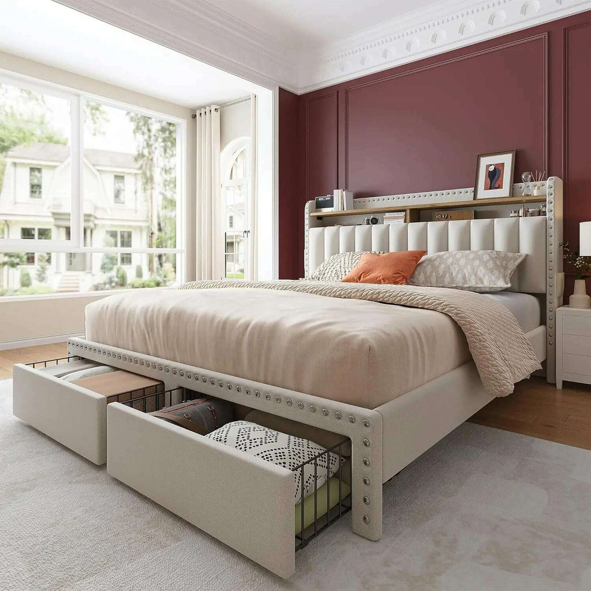 King Size Bed Frame with Storage and Headboard, Upholstered Bed Frames with Storage and 2 Drawers, King Size Beds Frame