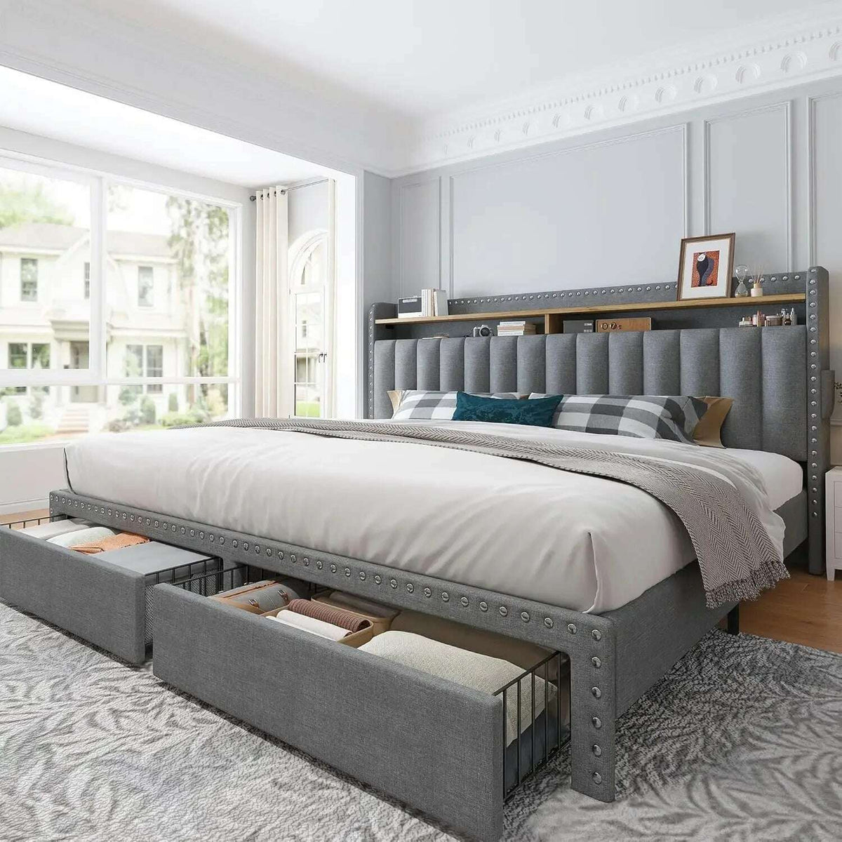 King Size Bed Frame with Storage and Headboard, Upholstered King Bed Frame with Storage, Grey King Bed Frame