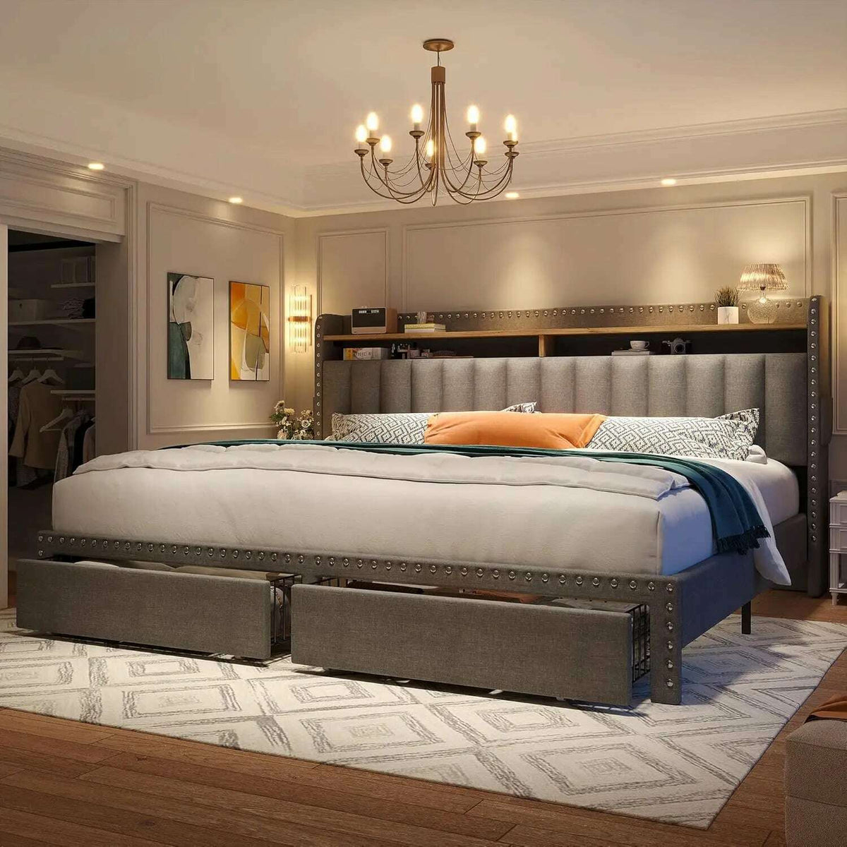 King Size Bed Frame with Storage and Headboard, Upholstered King Bed Frame with Storage, Grey King Bed Frame