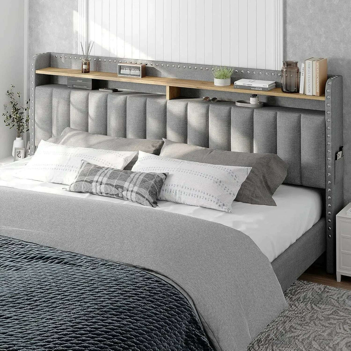 King Size Bed Frame with Storage and Headboard, Upholstered King Bed Frame with Storage, Grey King Bed Frame