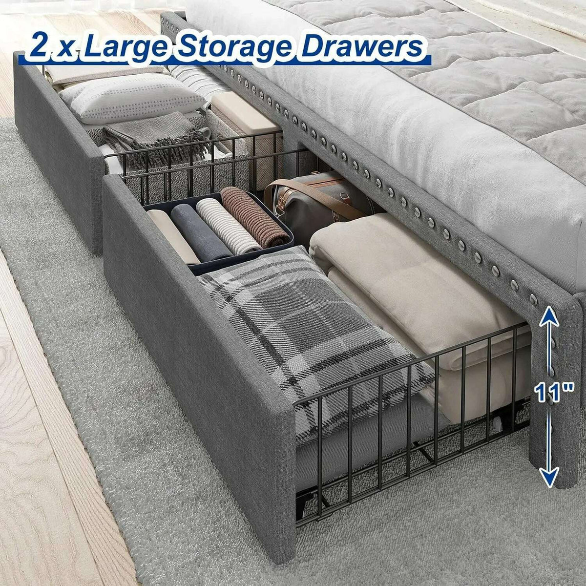 King Size Bed Frame with Storage and Headboard, Upholstered King Bed Frame with Storage, Grey King Bed Frame