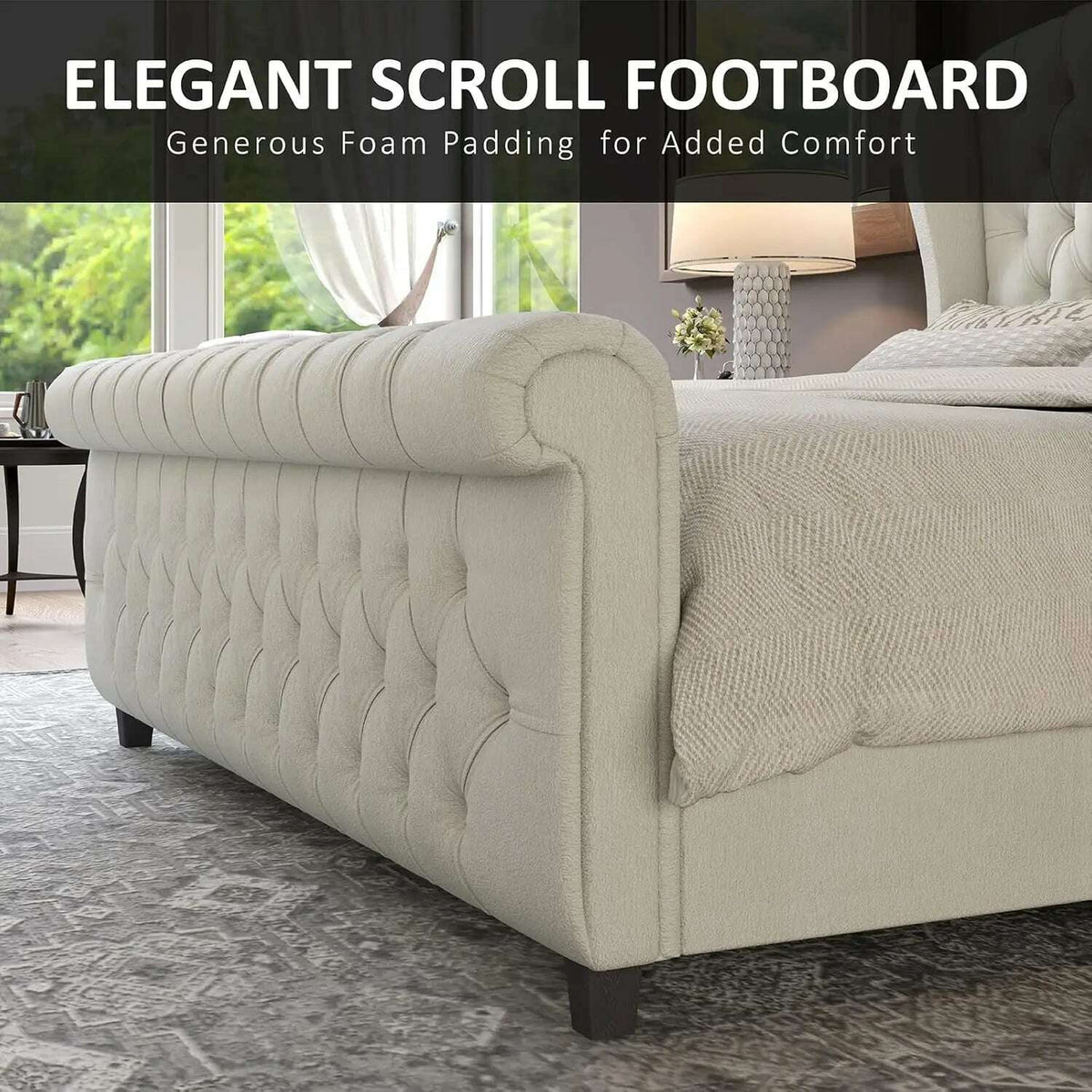 King Size Platform Bed Frame, Chenille Upholstered Sleigh Bed with Scroll Wingback Headboard & Footboard/Button Tufted