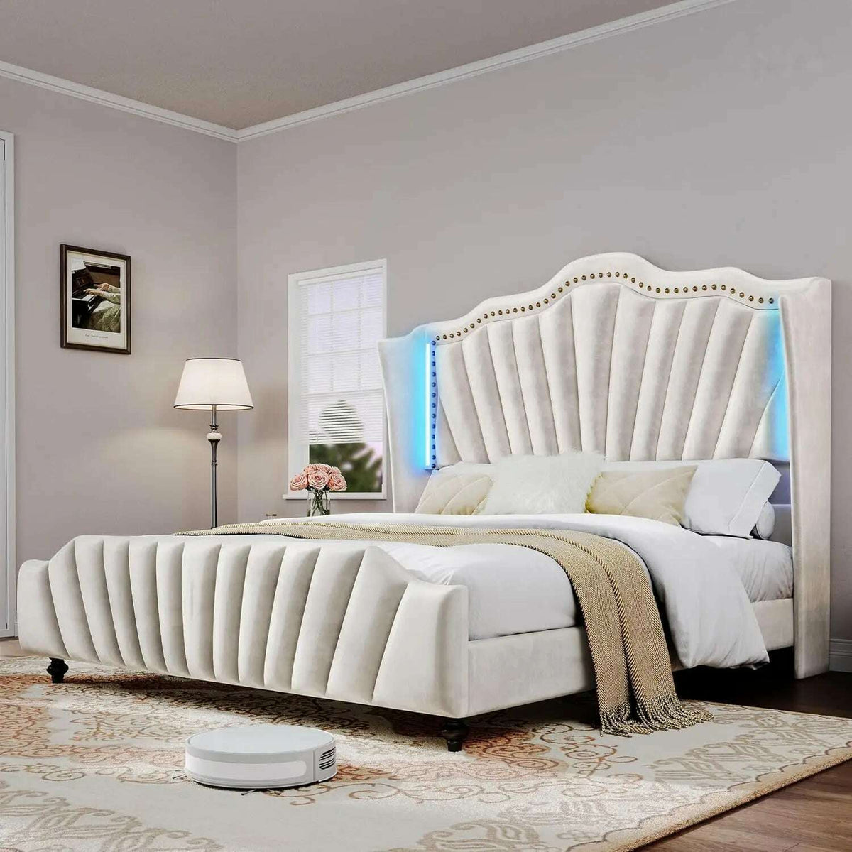 King Size Platform Bed Frame with 60" Tall Wingback Headboard and Footboard, Velvet Upholstered Bed with LED Light,