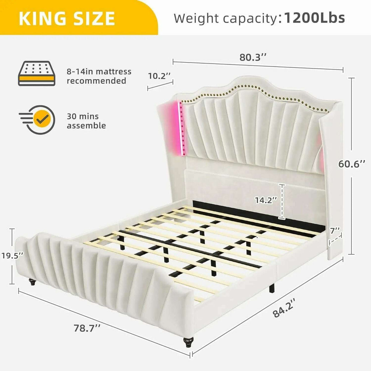 King Size Platform Bed Frame with 60" Tall Wingback Headboard and Footboard, Velvet Upholstered Bed with LED Light,
