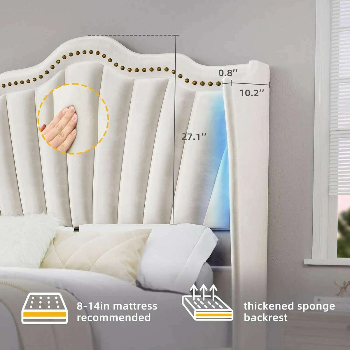 King Size Platform Bed Frame with 60" Tall Wingback Headboard and Footboard, Velvet Upholstered Bed with LED Light,