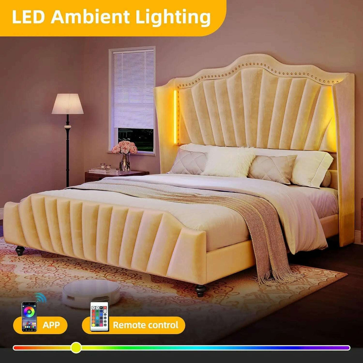 King Size Platform Bed Frame with 60" Tall Wingback Headboard and Footboard, Velvet Upholstered Bed with LED Light,