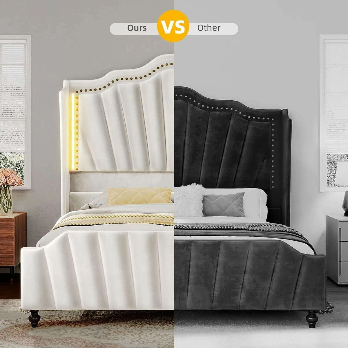 King Size Platform Bed Frame with 60" Tall Wingback Headboard and Footboard, Velvet Upholstered Bed with LED Light,