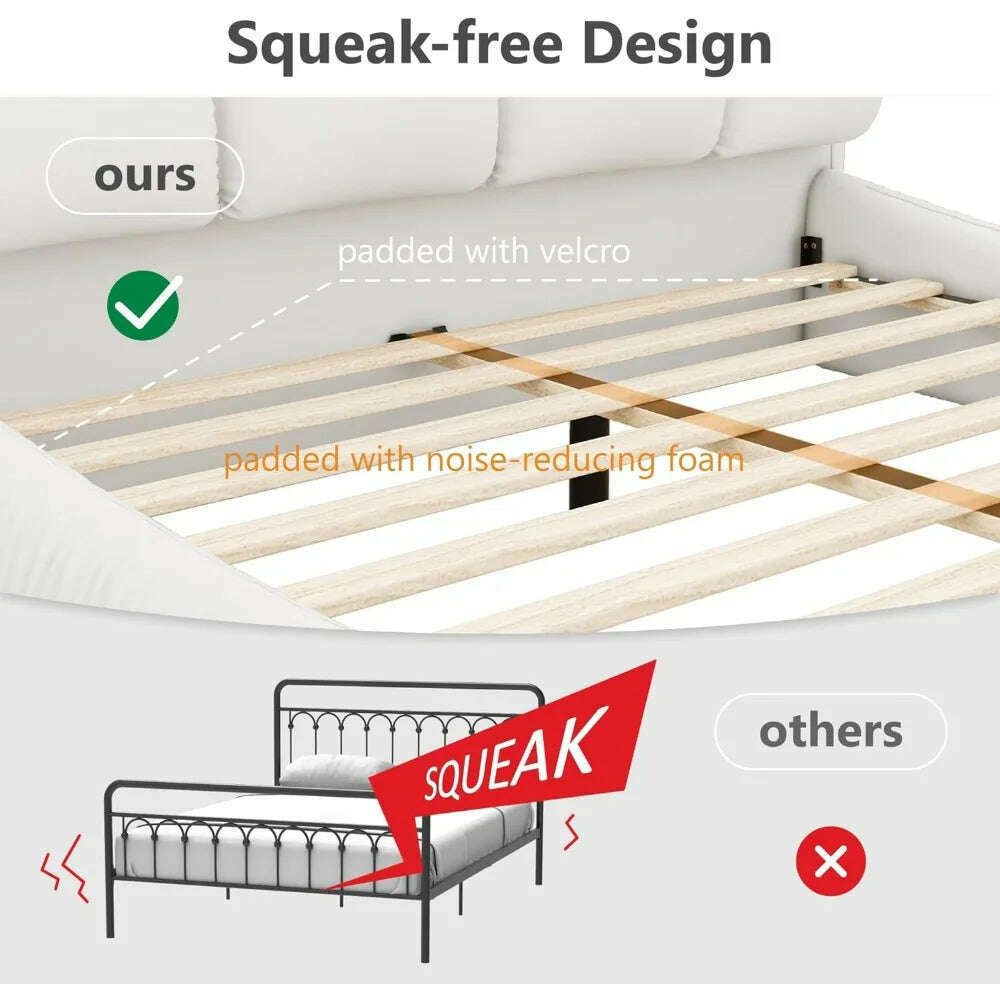 King Size Platform Bed with Overstuffed Padded Headboard, Lite Deluxe Faux Leather Upholstered Solid Wood Frame Cloud Bed