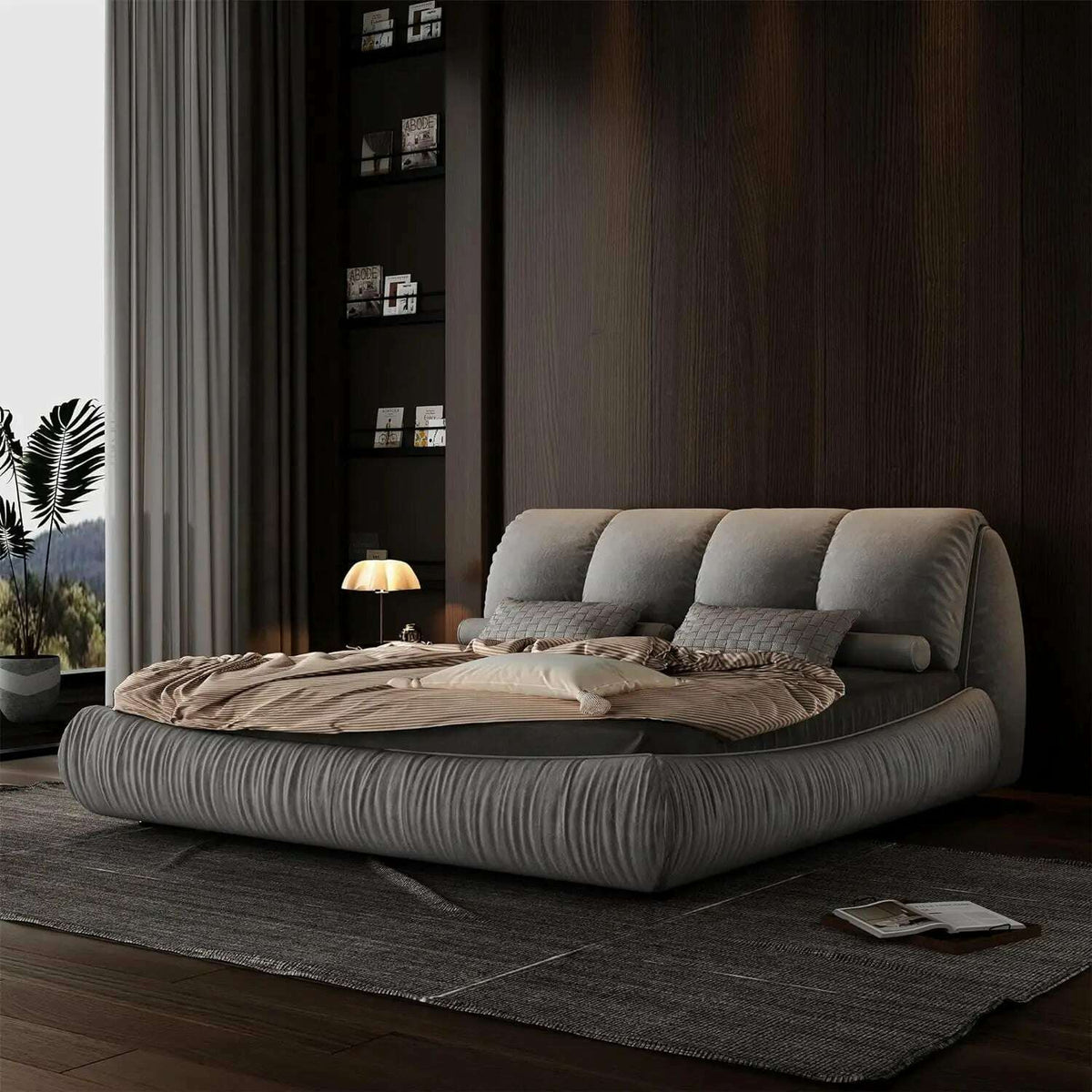 King Size Platform Bed with Overstuffed Padded Headboard, Lite Deluxe Faux Leather Upholstered Solid Wood Frame Cloud Bed