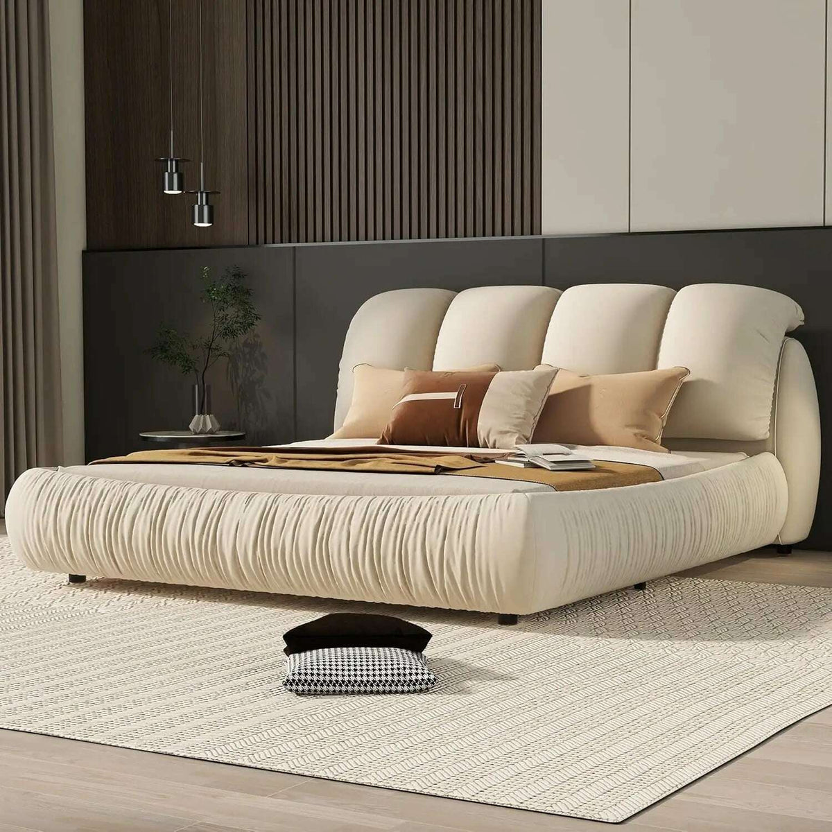 King Size Platform Bed with Overstuffed Padded Headboard, Lite Deluxe Faux Leather Upholstered Solid Wood Frame Cloud Bed