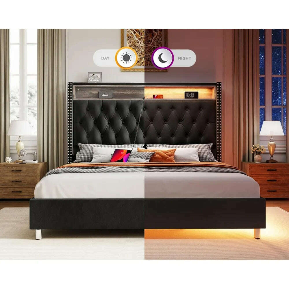 Large Bed Frame 53.6 Inches High Headboard with LED Lights and Charging Station, Velvet High Cushion