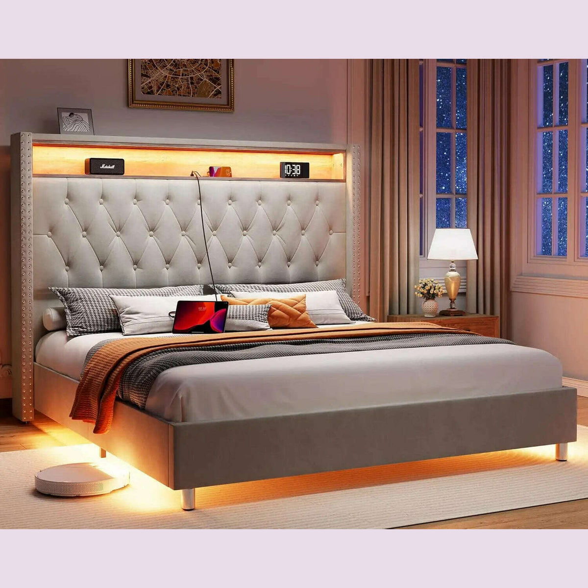 Large Bed Frame 53.6 Inches High Headboard with LED Lights and Charging Station, Velvet High Cushion