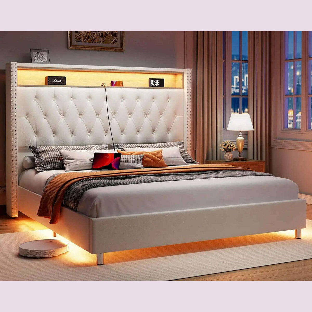 Large Bed Frame 53.6 Inches High Headboard with LED Lights and Charging Station, Velvet High Cushion
