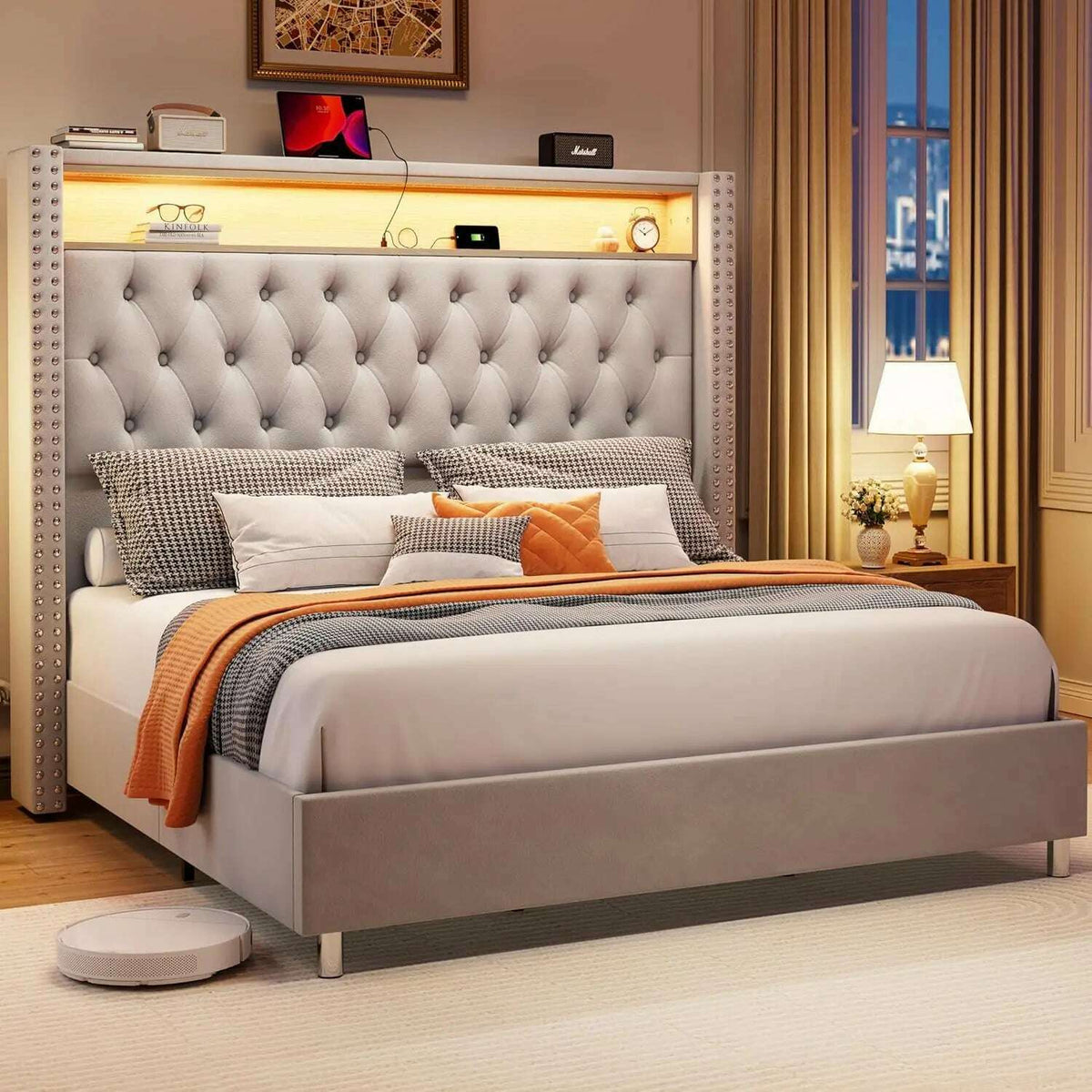 Large Bed Frame 53.6 Inches High Headboard with LED Lights and Charging Station, Velvet High Cushion