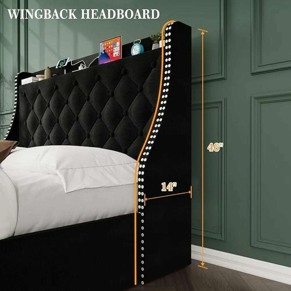 Large Bed Frame with 4 Storage Drawers and Storage Headboard Equipped with Charging Station Diamond Sewn Button Tufted Design