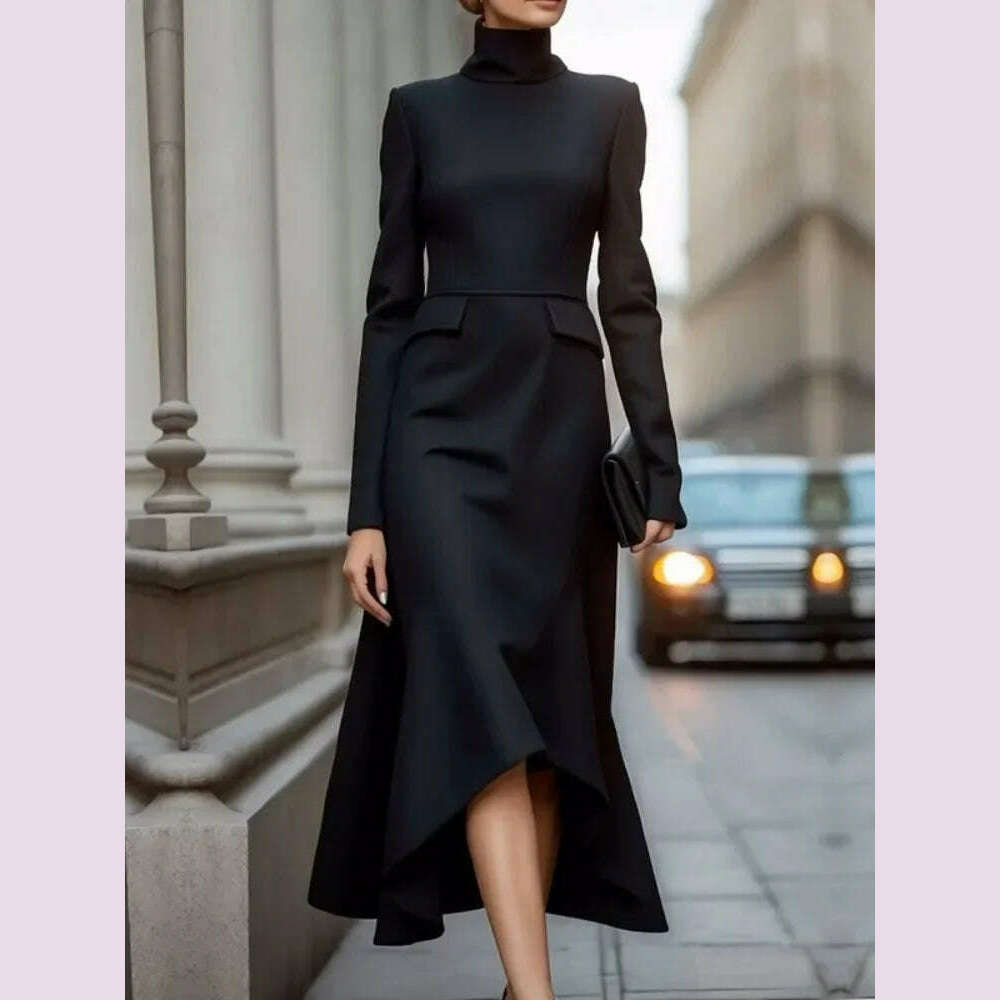 Lemongor Black Color Asymmetrical High Neck Commute Dress For Women 2025 New Spring Long Sleeves A-line Party Evening Dresses