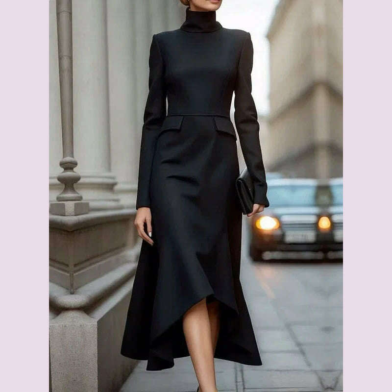 Lemongor Black Color Asymmetrical High Neck Commute Dress For Women 2025 New Spring Long Sleeves A-line Party Evening Dresses