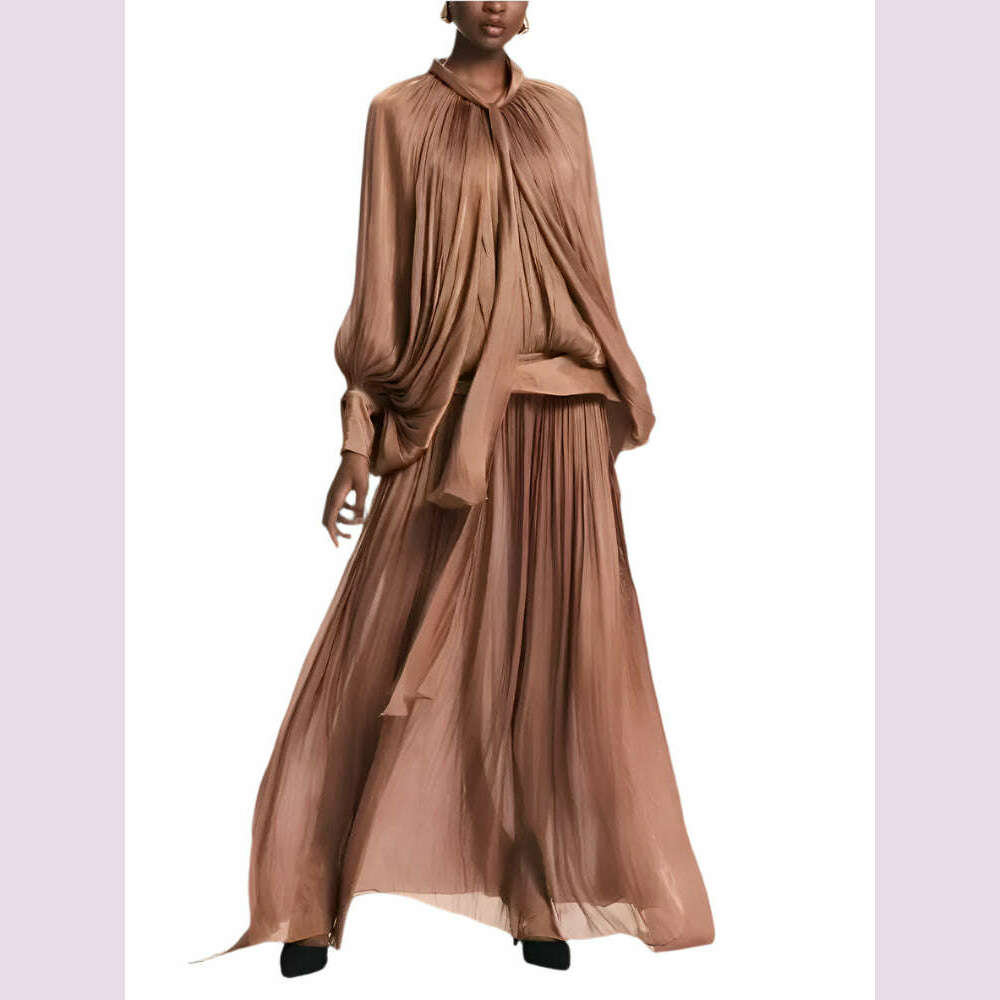 LGRQ Elegant Dress Lace-up Spliced Solid Color High Waist Folds Lantern Sleeve O Neck Women's Dresses 2025 Spring New 19D322