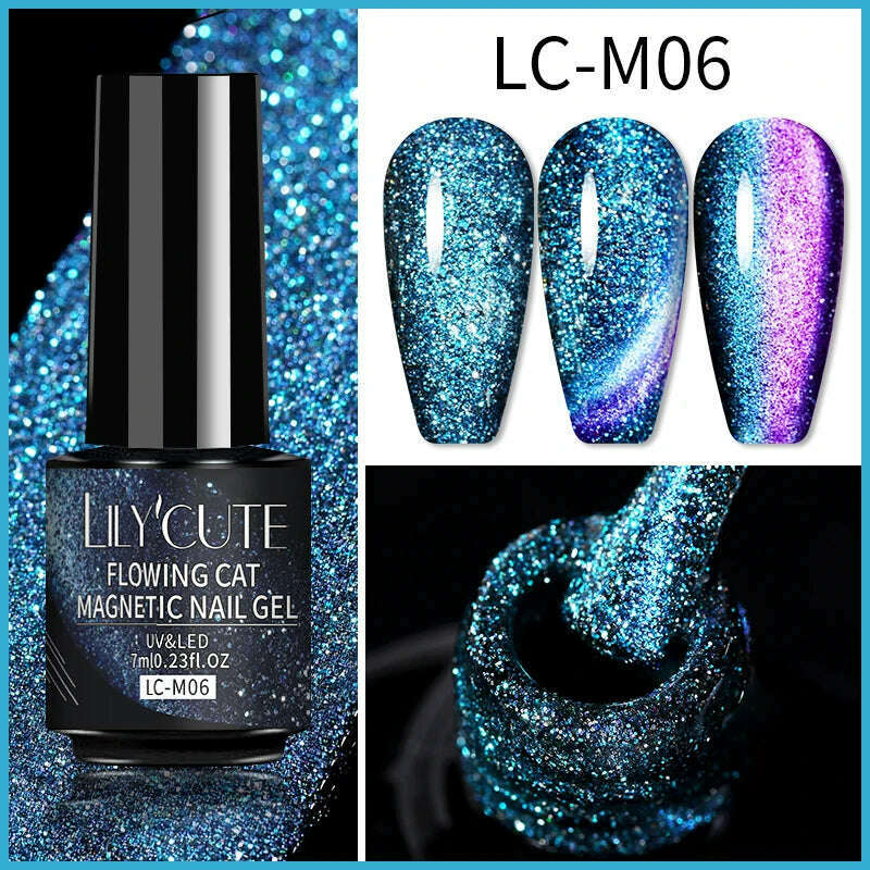 LILYCUTE 7ML Sparkling Glitter Rainbow Cat Magnetic Gel Nail Polish 9D Colorful  Semi Permanent Soak Off Nail Art UV Gel Varnish