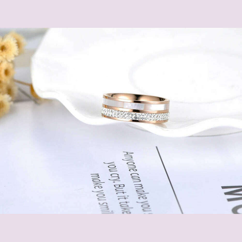 Lokaer Rose Gold Color White Rhinestone Shell Wedding Rings Jewelry 316L Stainless Steel Engagement Ring For Women Кольцо R18050