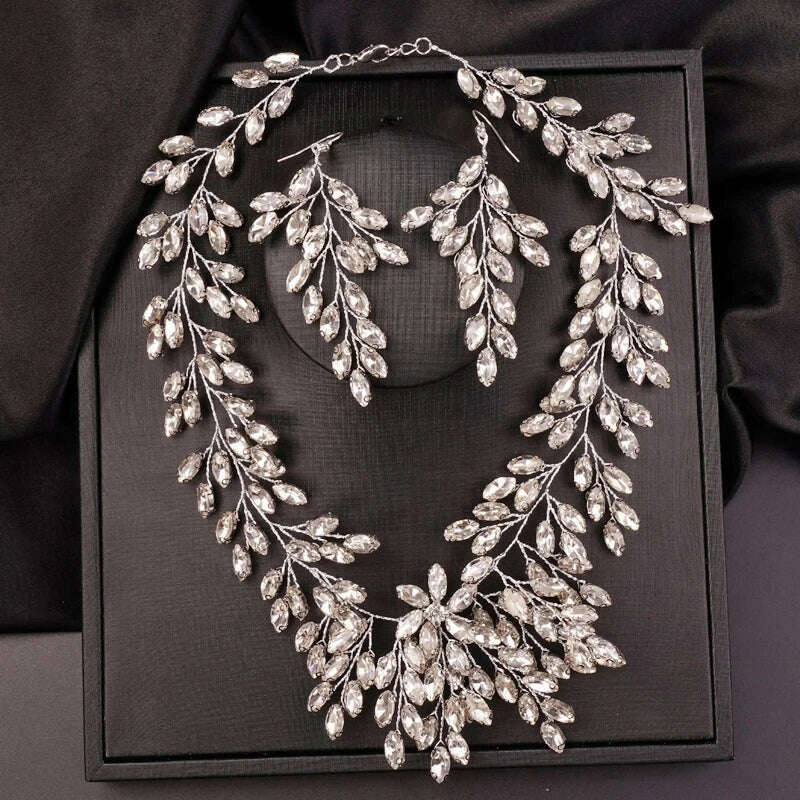 Luxurious Bridal Wedding Handmade Full Rhinestones Necklace Earrings Jewelry Set Dangle Earrings Party Jewelry for Women