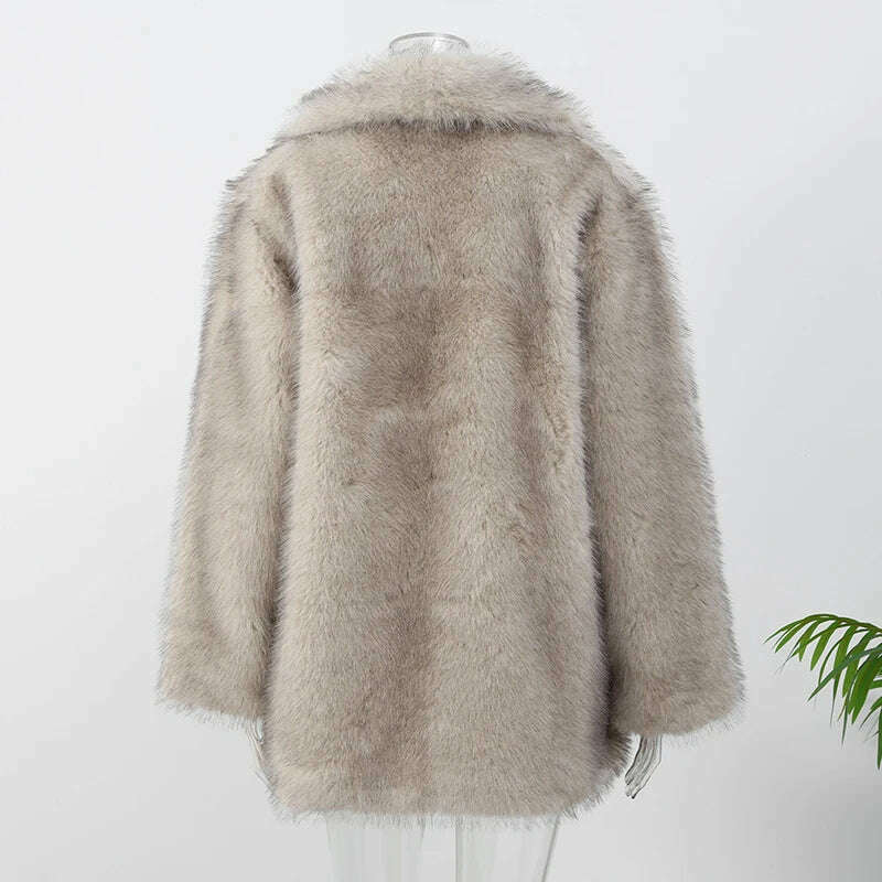 Luxurious Fashion Lapel Faux Fur Midi Coat Women Street Long Sleeve Oversize Cardigan Jacket Winter Thick Warm Female Outerwear