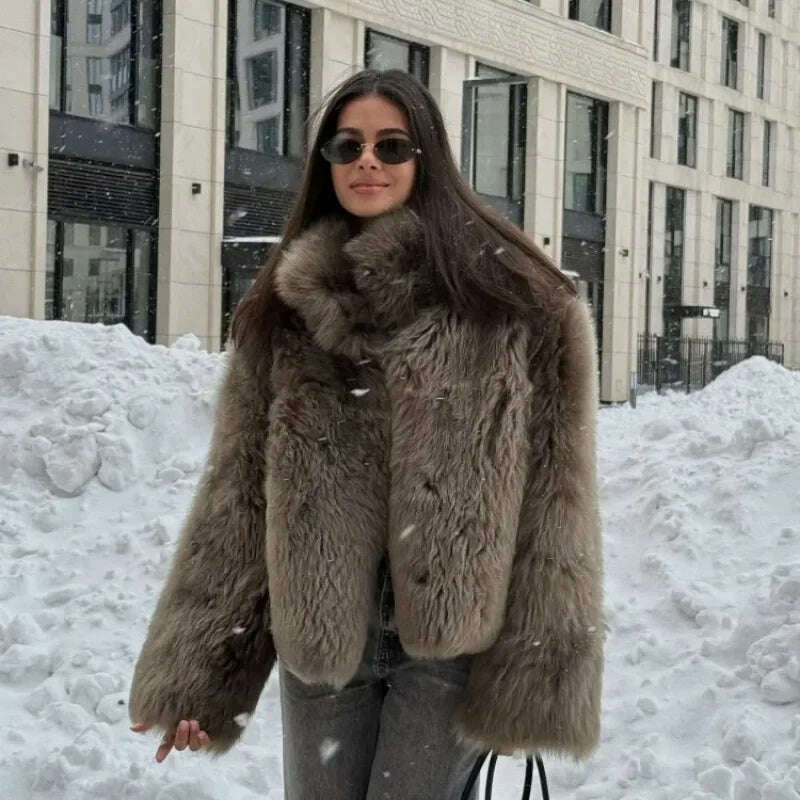 Luxurious Fashion Lapel Faux Fur Midi Coat Women Street Long Sleeve Oversize Cardigan Jacket Winter Thick Warm Female Outerwear