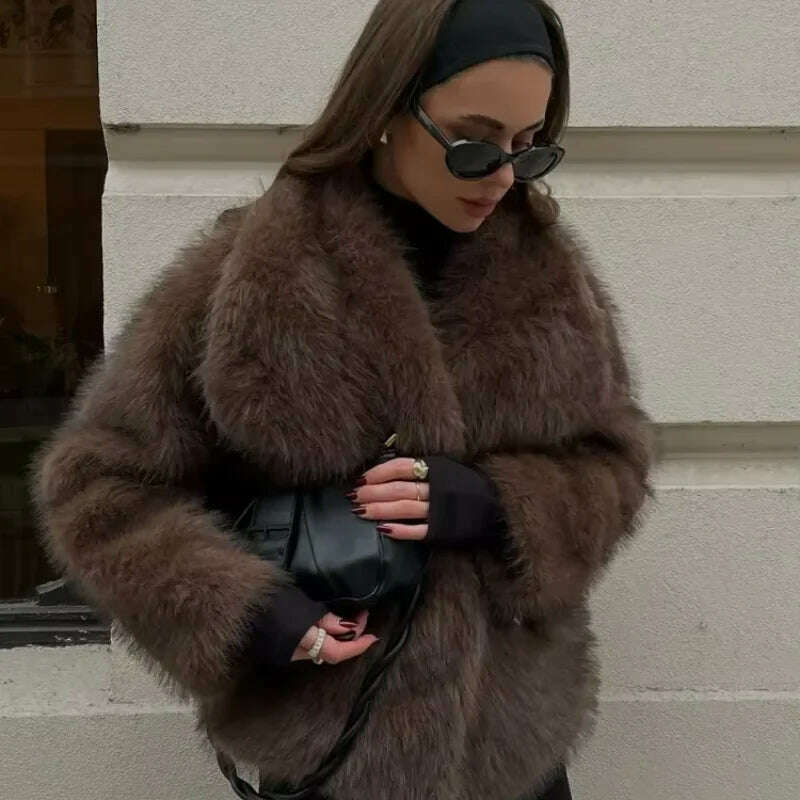 Luxurious Fashion Lapel Faux Fur Midi Coat Women Street Long Sleeve Oversize Cardigan Jacket Winter Thick Warm Female Outerwear