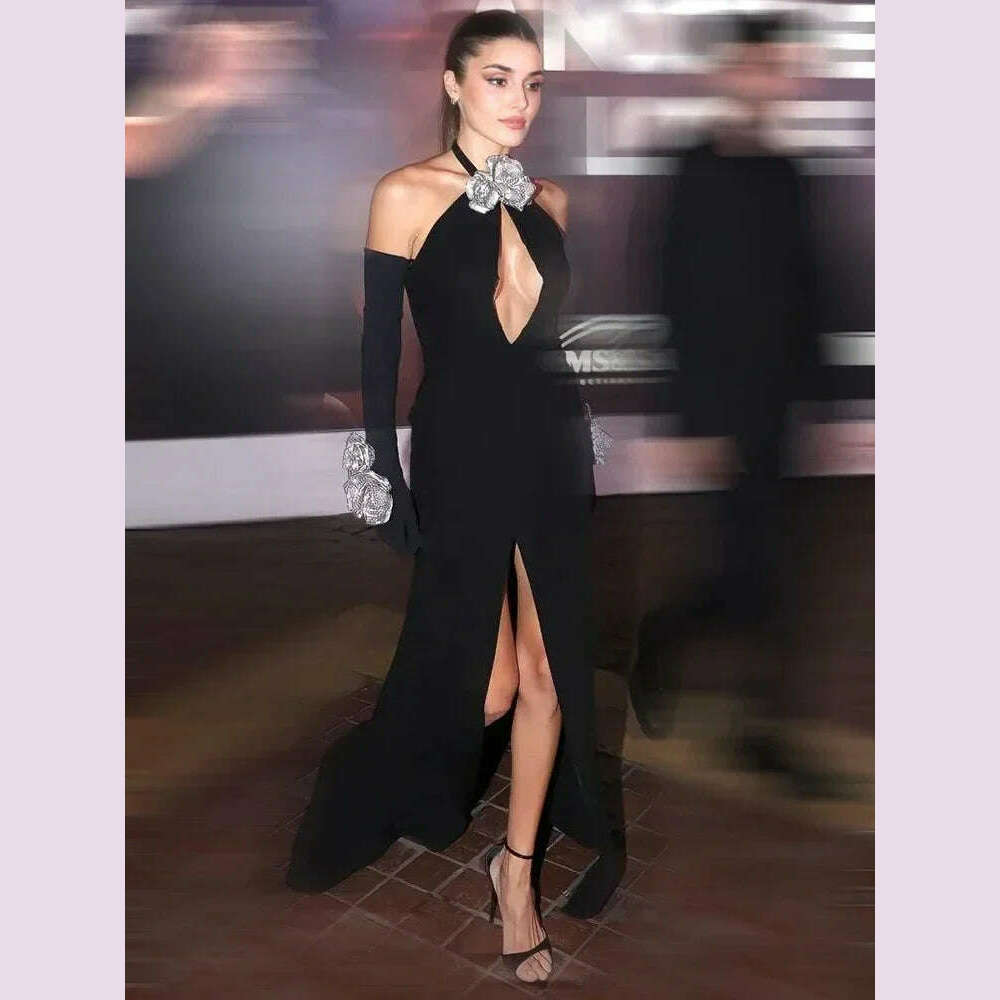 Luxury Black Long One-piece Dress Gown Women Halter Key Hole Open Leg with Golves Maxi Long Celebrity Evening Club Party Dresses