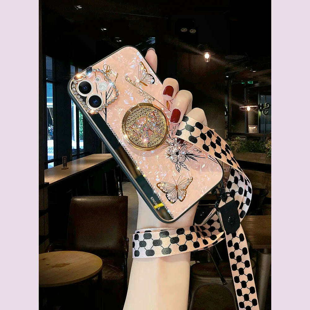 Luxury Glitter Diamond Mirror Butterfly Holder Phone Case For iPhone 15 14 13 12 11 Pro Max X XR XS 7 8 Plus Lanyard Bling Cover